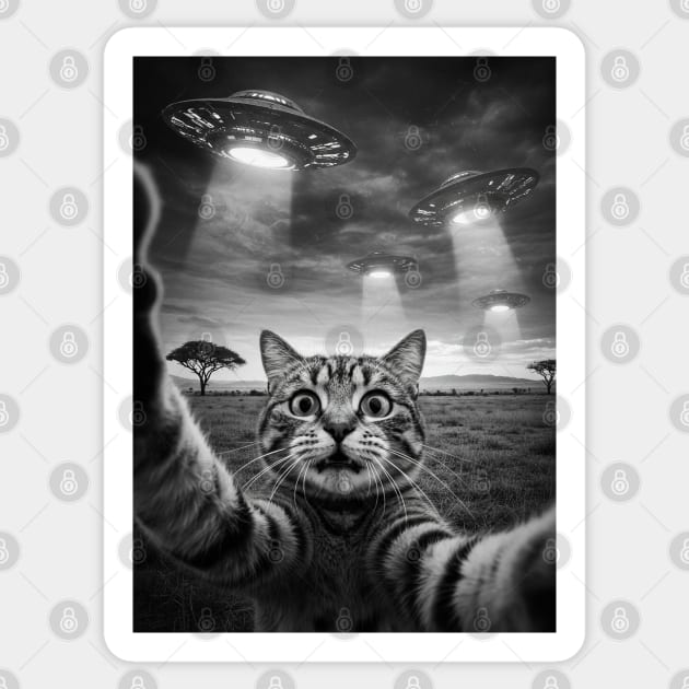 Selfie of Funny Cat And Aliens UFOs in African Savanna #4 Sticker by Megadorim